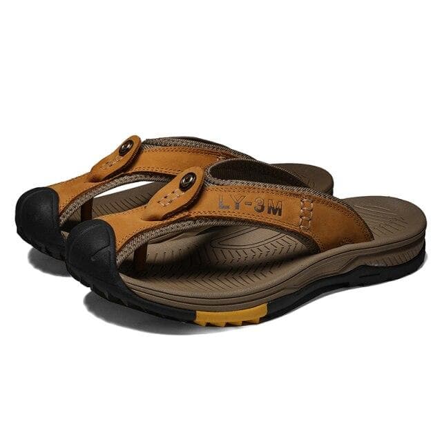 Golden Sapling Flip Flops Genuine Leather Men's Slippers Retro Beach Shoes Breathable Summer Men Flip Flops Classics Casual Shoe 39 gold