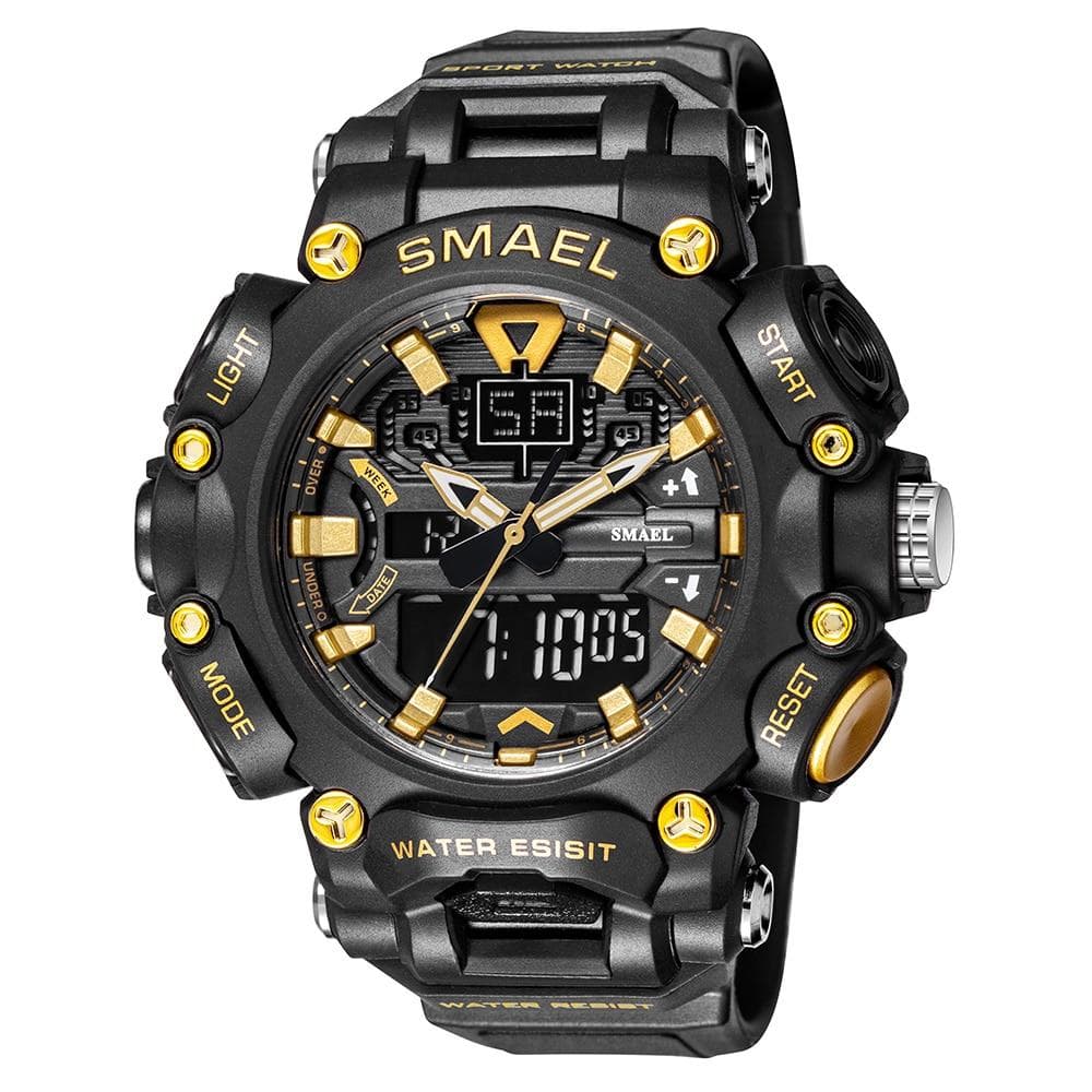 SMAEL Military Watch Sport Waterproof 50M Stopwatch Analog Digital Wristwatches Week Display Alarm Clock 8053 Digital Watches Mens NO Package gold