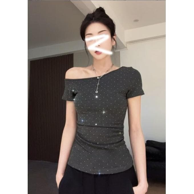 Polka Dot Pure Desire Style Slanted Shoulder Short-sleeved T-shirt for Women In Summer New Slim and Beautiful Top XL grey