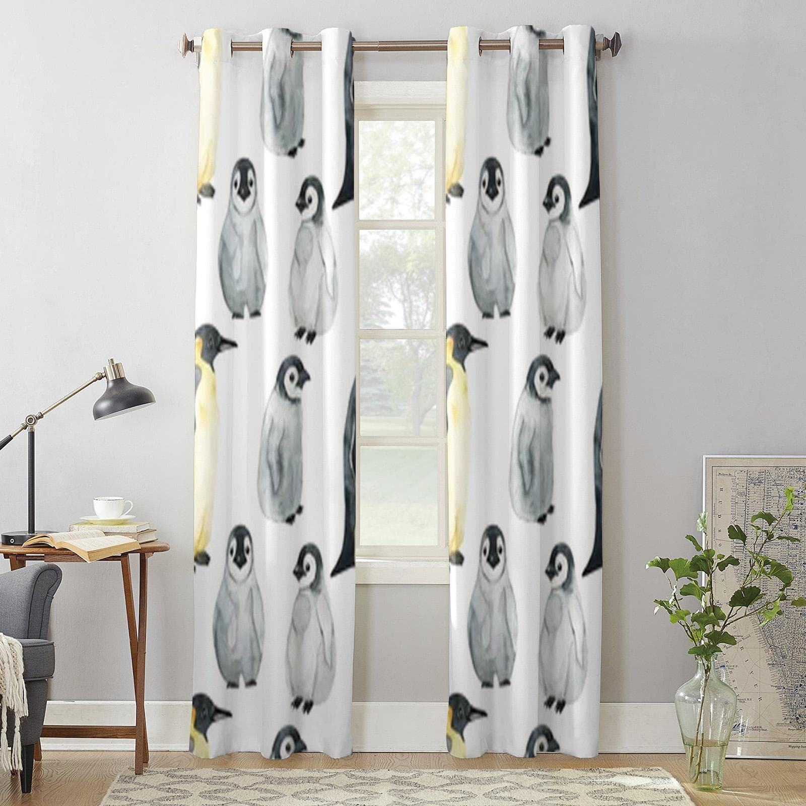 Penguins In Watercolor Style Window Curtain For Kids Room Home Blinds Curtains For Living Room Bedroom Window Drapes 135W x 245H(cm) x2