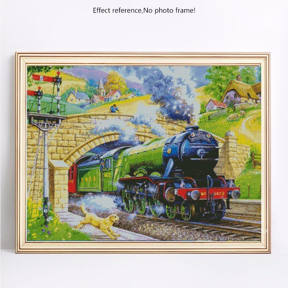 Diamond Painting Round Stones Scenery Diamond Embroidery Train Diamond 20X30
