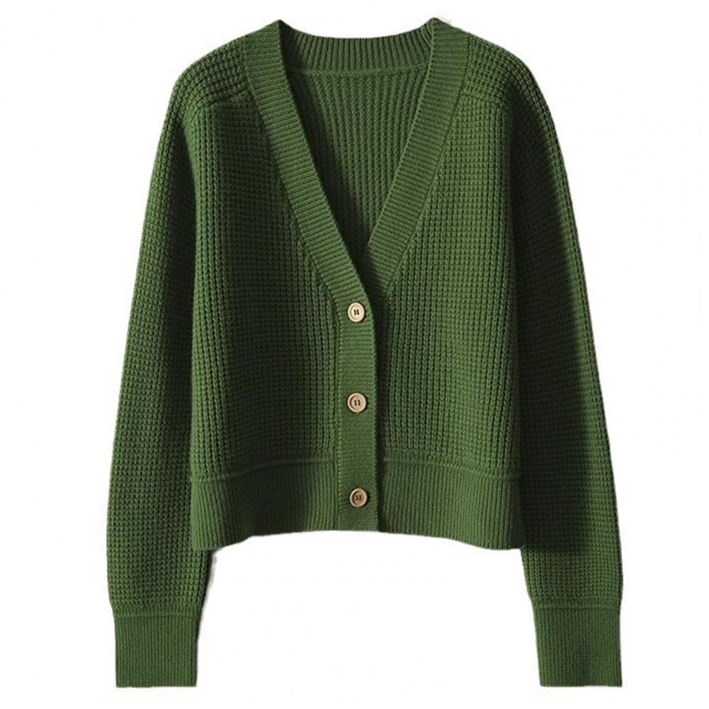 Long Sleeve Knit Top V-neck Ribbed Trim Sweater Coat Women's Long Sleeve Knit Outwear in Solid Color Loose Fit Tops for Travel One Size green