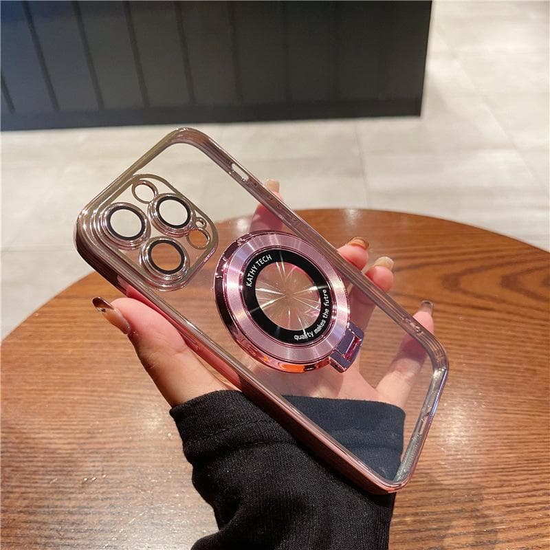 Applicable To IPhone16proMax Magnetic Bracket Mobile Phone Case Apple 15 Electroplated Transparent 14 Full-cover Protection Case 13 iPhone11pro pink