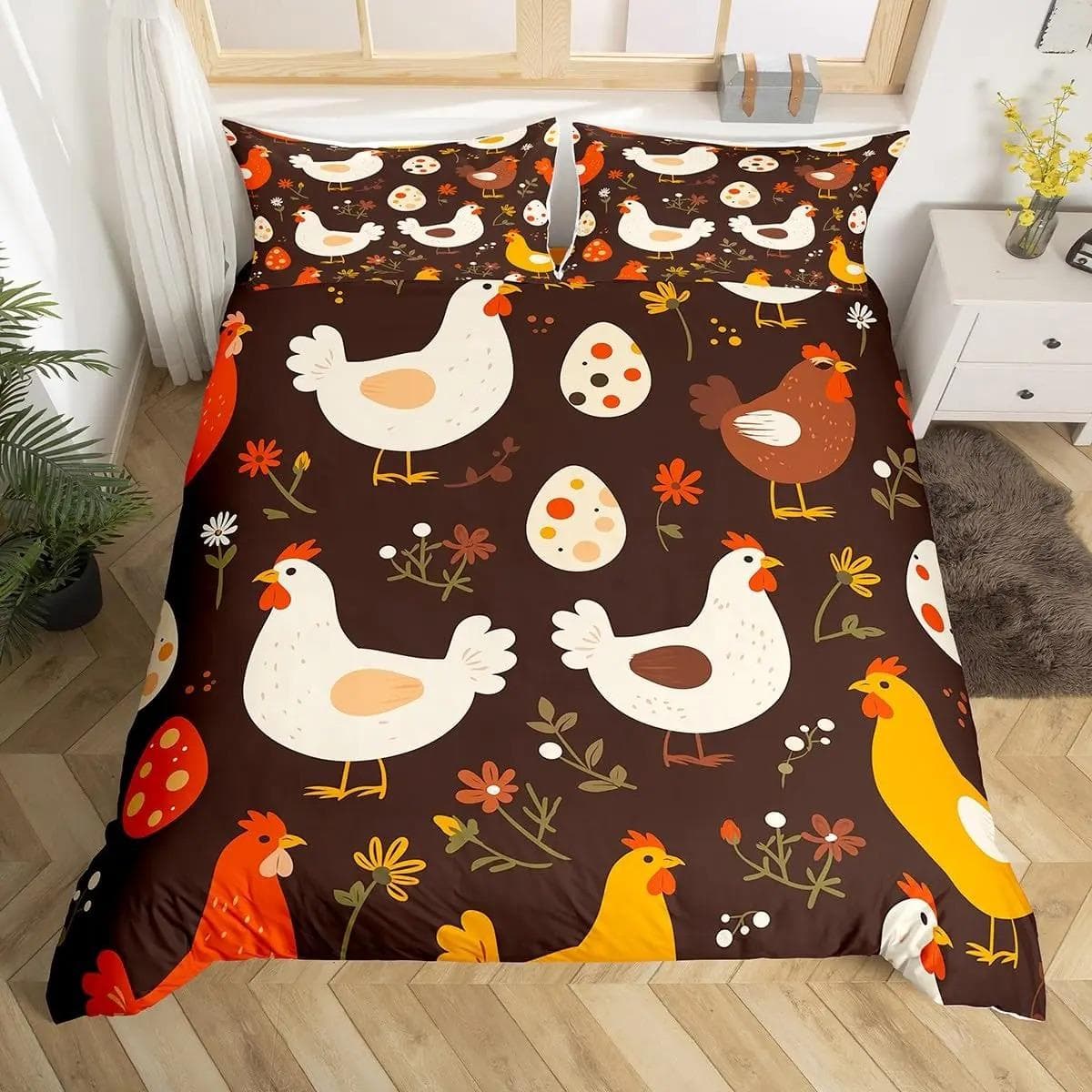 Cute Chicken Duvet Cover King Queen Colorful Rooster Bedding Set Farm Animal Comforter Cover Funny Rustic Farmhouse Quilt Cover 70x133cm 2pcs