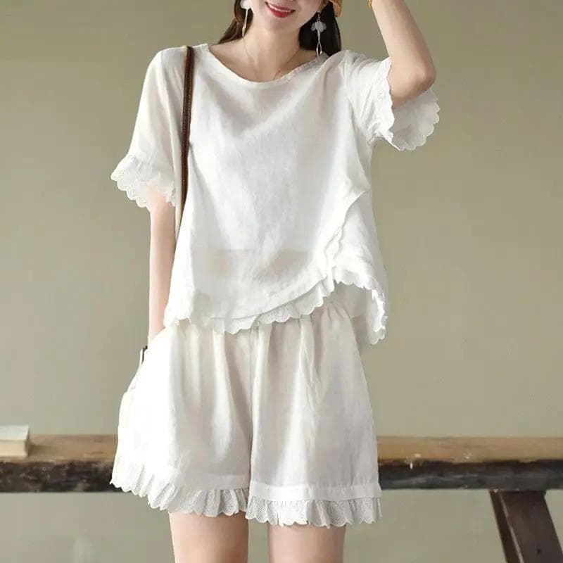 Pajama Pants Suit Women's Home Wear Summer Solid Color Comfortable Simple Casual Loose Large Size XL white
