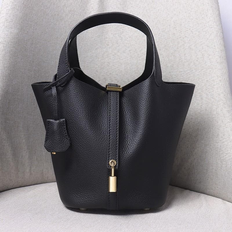 Small Genuine Leather Handbags For Women Designer Tote Bag Without Logo Natural Cowhide Ladies Basket Shopping Bags With Padlock Mini 18x14x19cm black