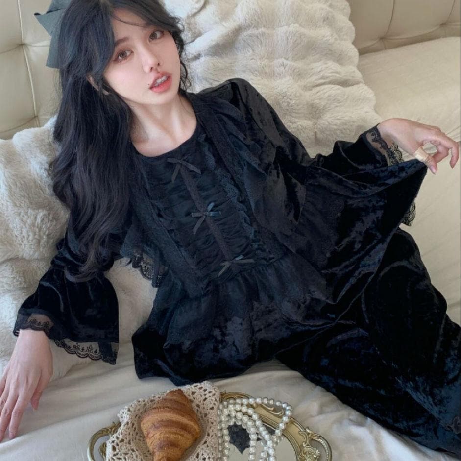 New Style Autumn and Winter Sweet Lace Court Style Pajamas Female Set Canary Velvet Warm Loungewear Pajamas for Women Sleepwear XL black