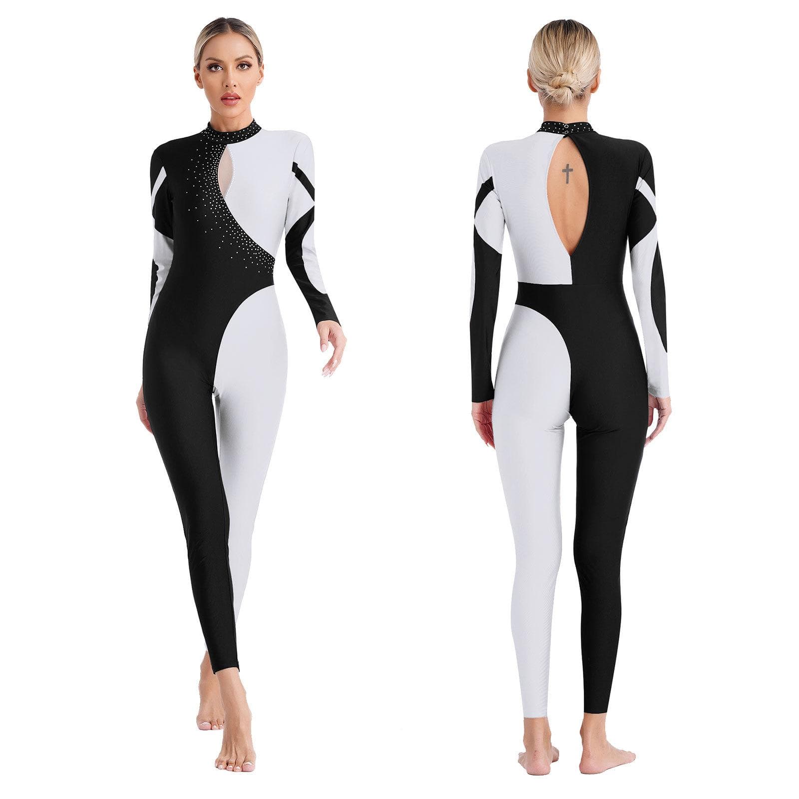 Women Shiny Rhinestone Gymnastics Leotard Unitard Full Length Figure Ice Skating Jumpsuit S white