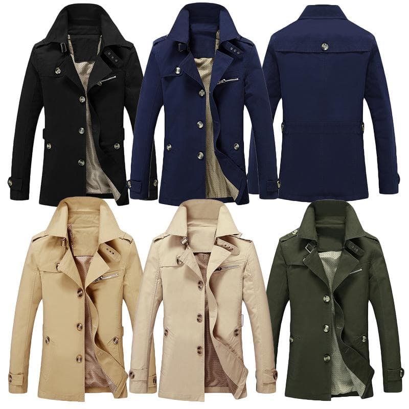 Fashion Men Trench Coats Autumn Windbreaker Single Breasted Buttons Front Vintage Jacket Casual 2XL dark blue