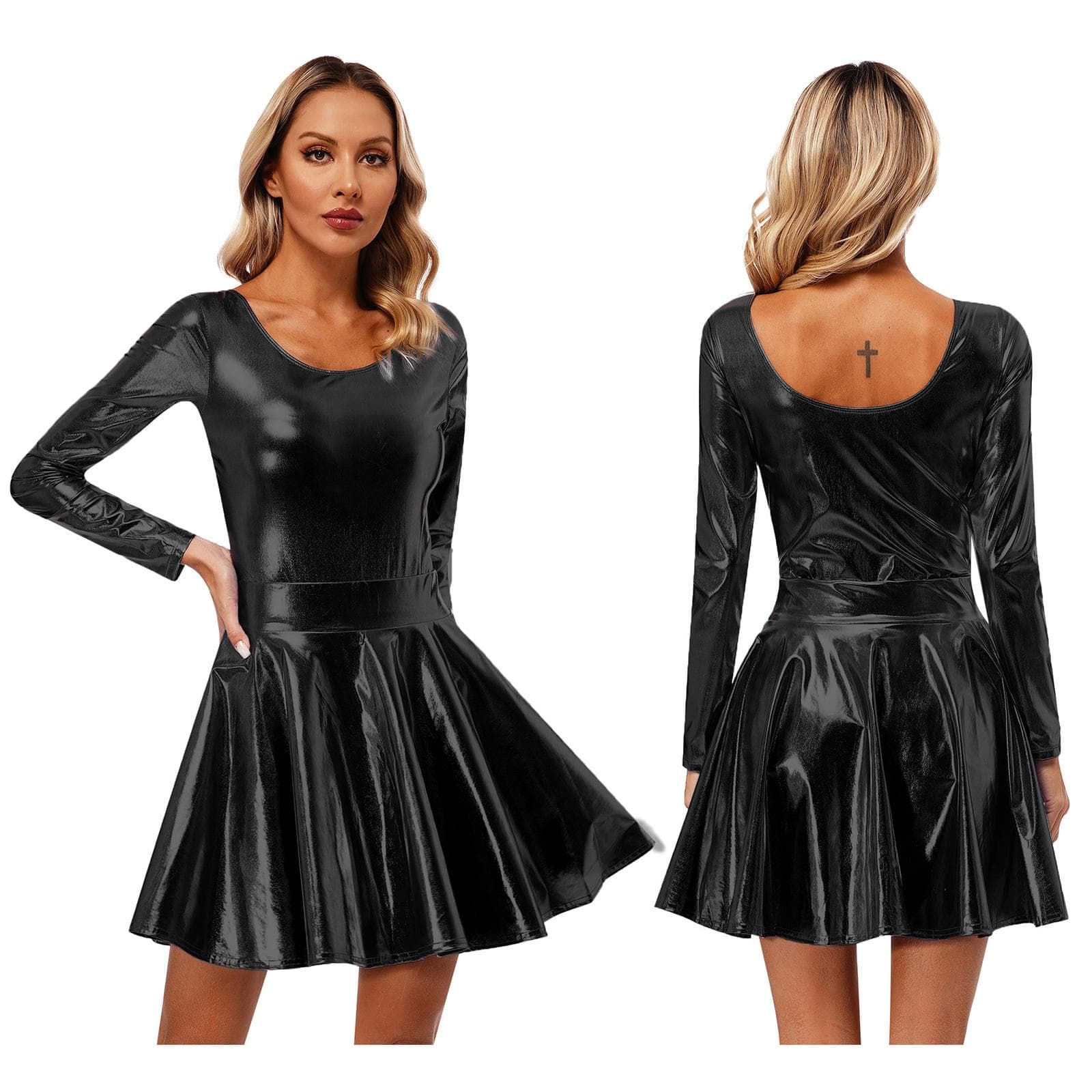 Women's Shiny Metallic Gymnastics Leotard and Pleated Skirts Athletic Dancewear S black
