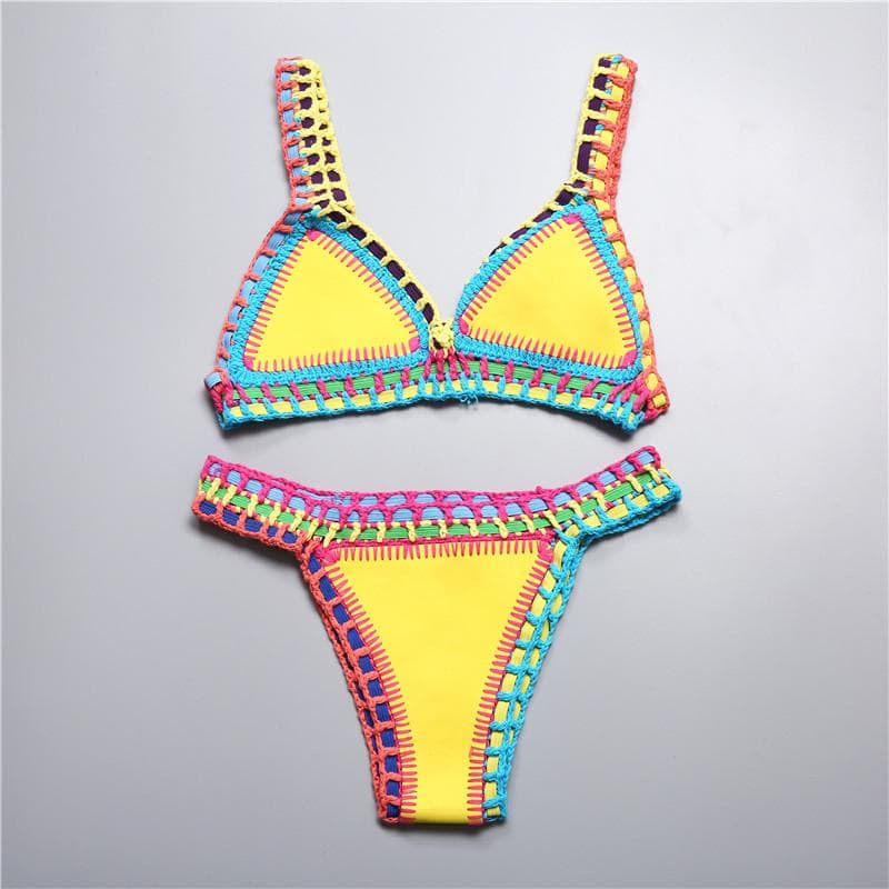 Bikini Women Handmade Crochet Knit Swimwear Halter Patchwork Bathing Suit Swimsuit Biquini Thong Bikini S yellow