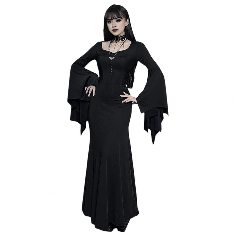 Women's Halloween Dress Fish Tail Hem Slim Fit Irregular Ruffle Cuff Bat Sleeves Gothic Round Neck Cosplay Performance L black