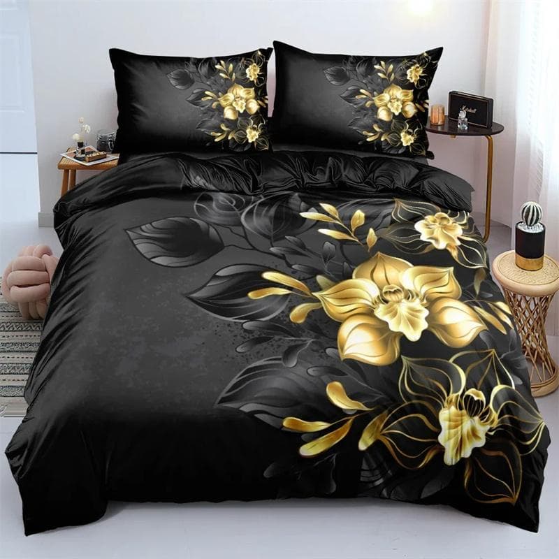 3D Design Flowers Duvet Cover Sets Bed Linens Bedding Set Quilt/Comforter Covers Pillowcases 220x240 Size Black Home Texitle 135X200cm-2pcs