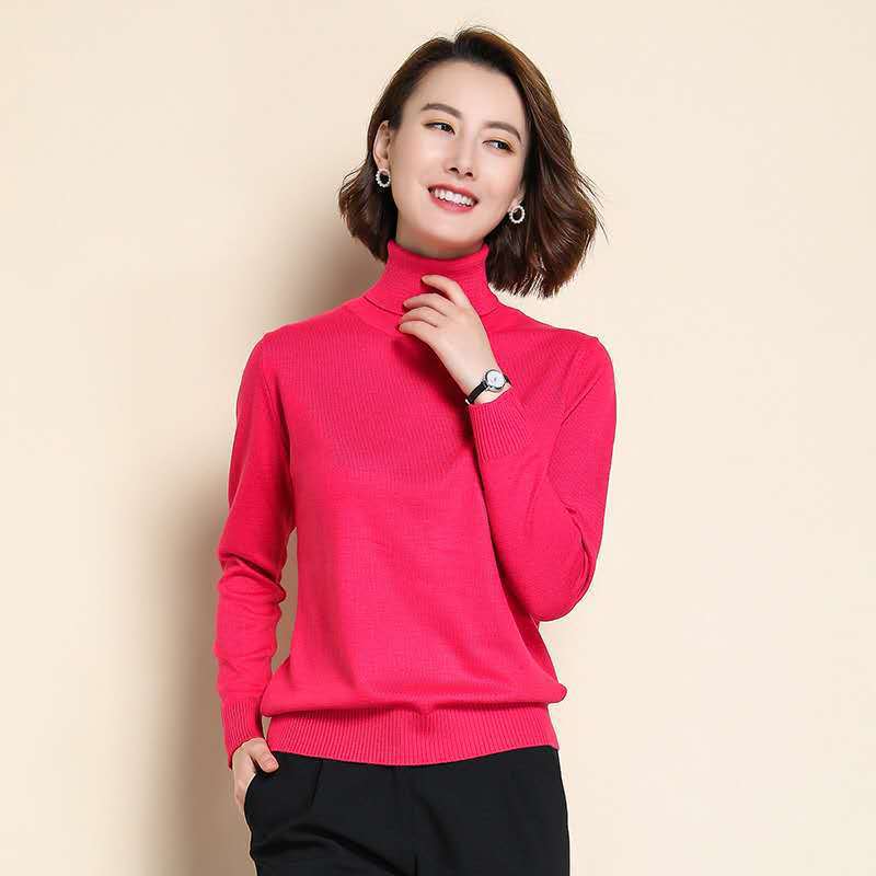 Wool Pure Cashmere Sweater Women's Knitted Turtleneck Cashmere Pullover Elasticity Pull High Neck Knitting Sweaters XXL rose red