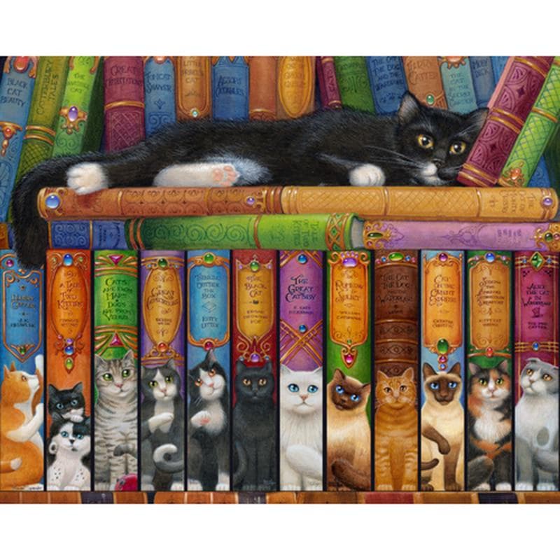 Diamond Painting Cross Stitch Bookshelf Needlework Cat Book Full Round Drill Icon Diamond Embroidery 20X30CM