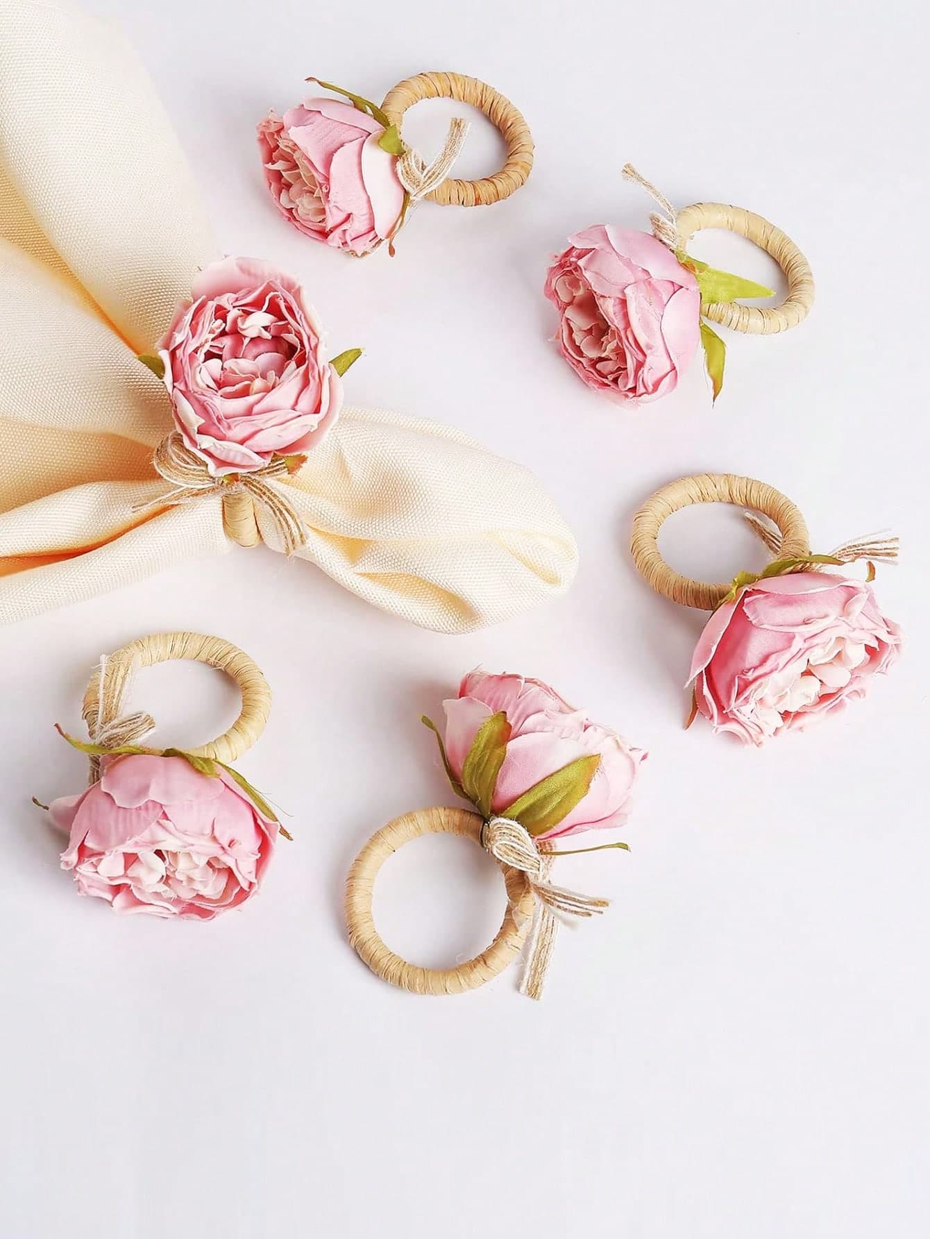 Handmade Woven Rope Bowknot Pink Rose Napkin Rings, Suitable For Party, Wedding, Valentine's Day, Home Daily Dining Table Decor Rope Bow Rose&12pcs multicolour