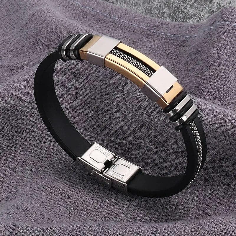 Fashion Stainless Steel Bracelets Wrist Band Black Silicone Punk Wristband Casual Bangles gold