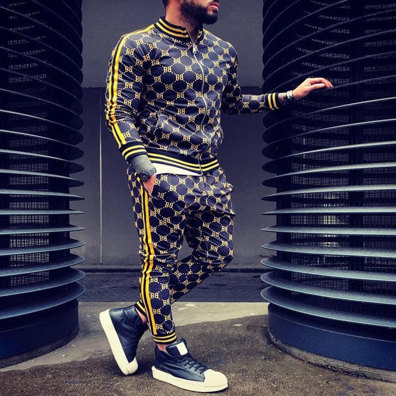 Tracksuit Men Sportsuits Gentlemen Set Zipper jacket suit Long Sleeve stripe Coat+Pants Gyms Men Set Casual Sportswear Suit M