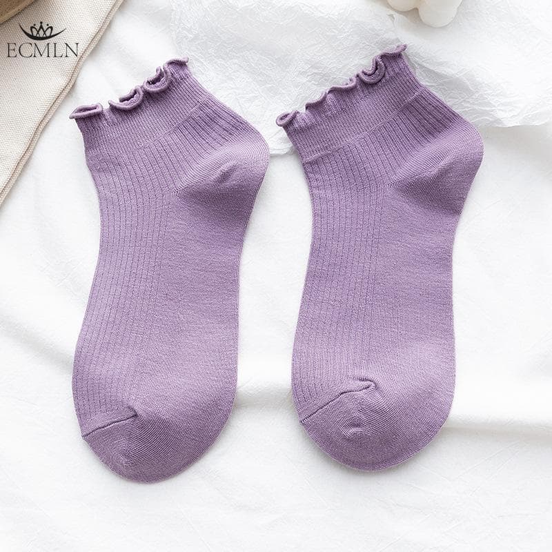 Summer Casual Style Lace Cute Middle Socks Fashion Socks Women's Candy Color Cotton Socks One size purple