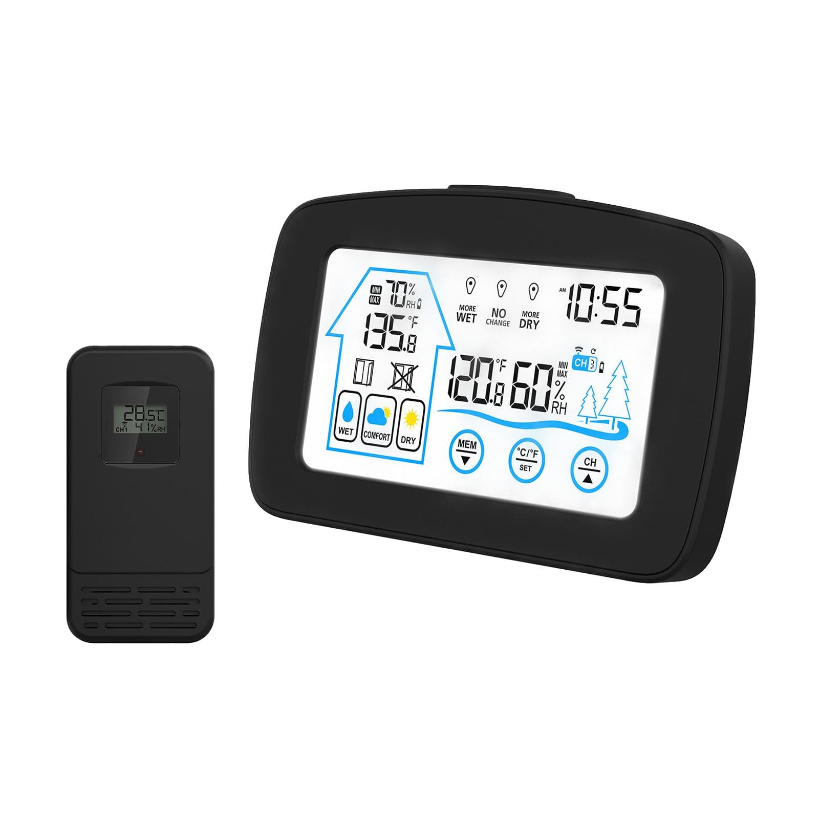 Indoor & Outdoor Hygrometer Thermometer with Time Backlight LCD Display Desk Electronic Temperature black