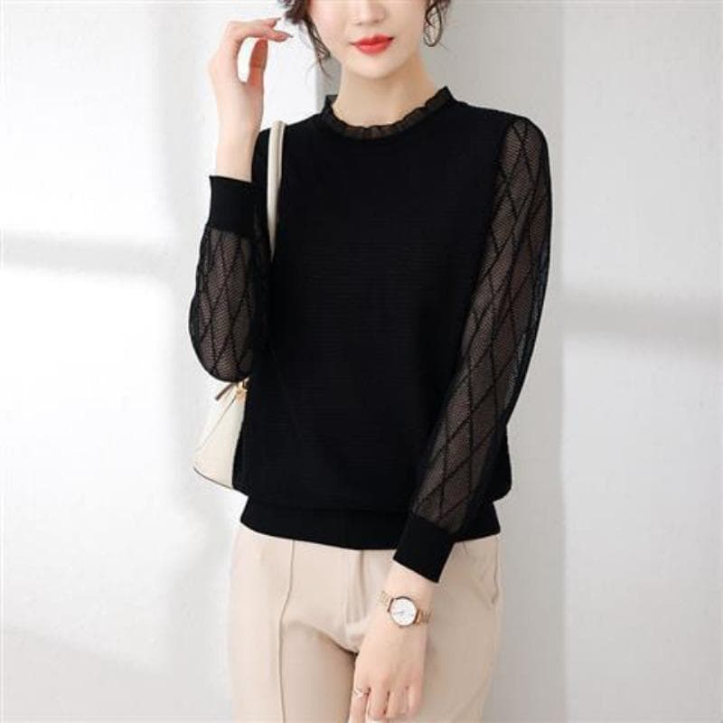 Spring and Autumn New Women's Thin Bottoming Shirt, Women Inside The Gas Lace Yarn Sleeve Blouse 4XL 150-80 kg