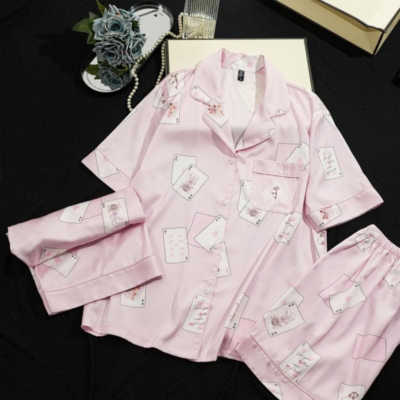 Summer Three-piece Ice Silk Pajamas Women's Short-sleeved Suit Pink Playing Card Pajamas Sweet, Cute and Comfortable Home Clothes XL pink