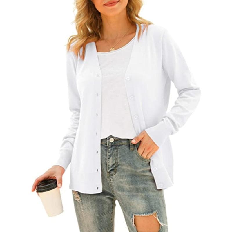 Women's Basic Long Sleeve Button Front Cardigan Sweater Knit Coat Tops Outerwear S white