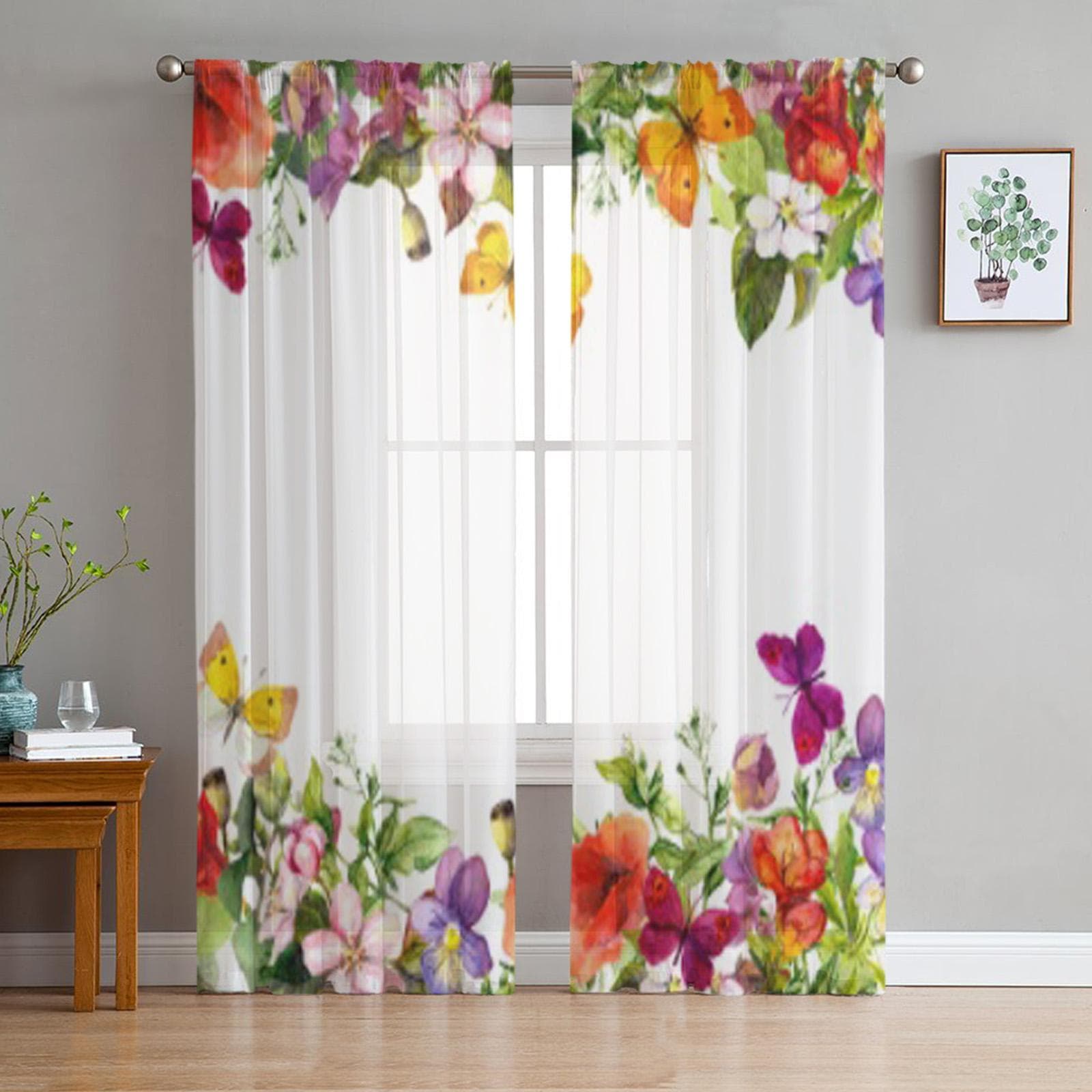 Seamless Watercolor Summer Meadow Butterfly Pattern Chiffon Sheer Curtains Living Room Bedroom Decor Window Voiles Tulle Curtain 135W x 114H(cm)
