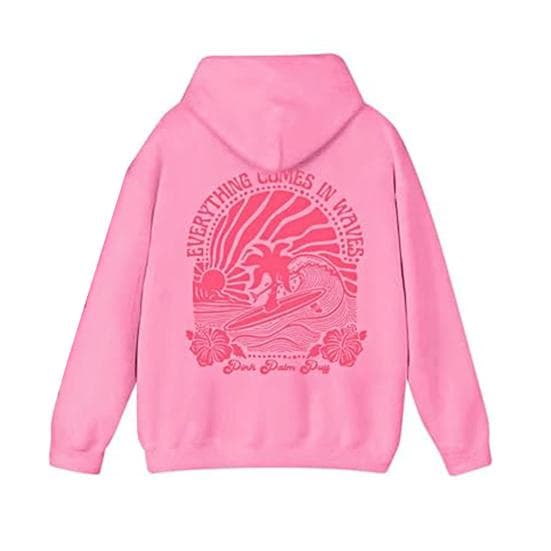 Teenager Hoodie Preppy Style Floral Printing Solid Color Hooded Top with Big M pink