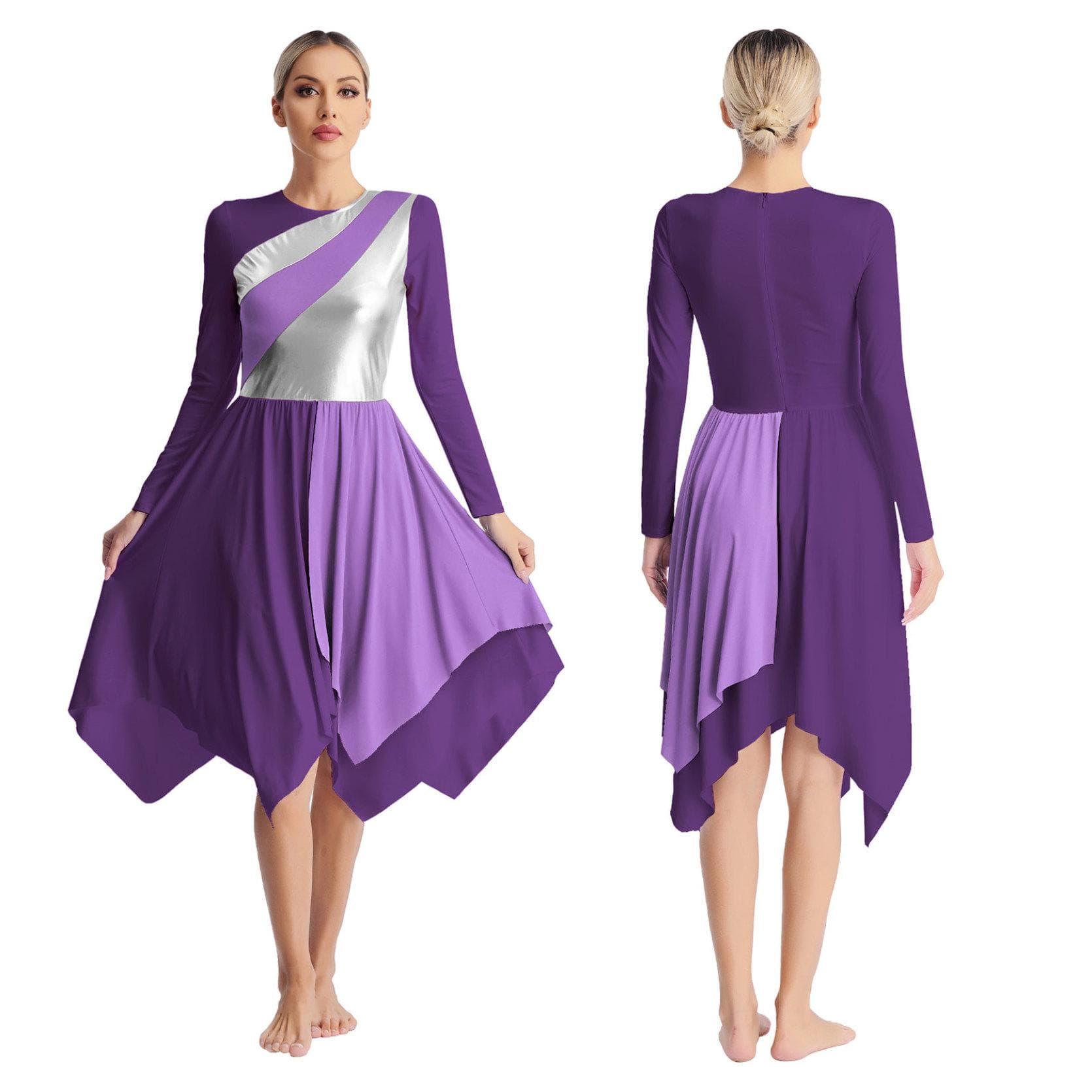 Womens Liturgical Lyrical Dance Dress Long Sleeve Metallic Contrast Color Asymmetrical Dresses Worship Performance XXL purple