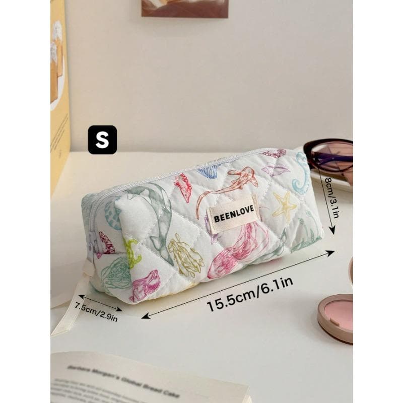 1Pc Colorful Marine Life Pattern Quilting Cosmetic Bag, Cosmetic Pouch, Makeup Bag Large Capacity Kawaii Toiletries Bag Travel Toiletry Organizer S