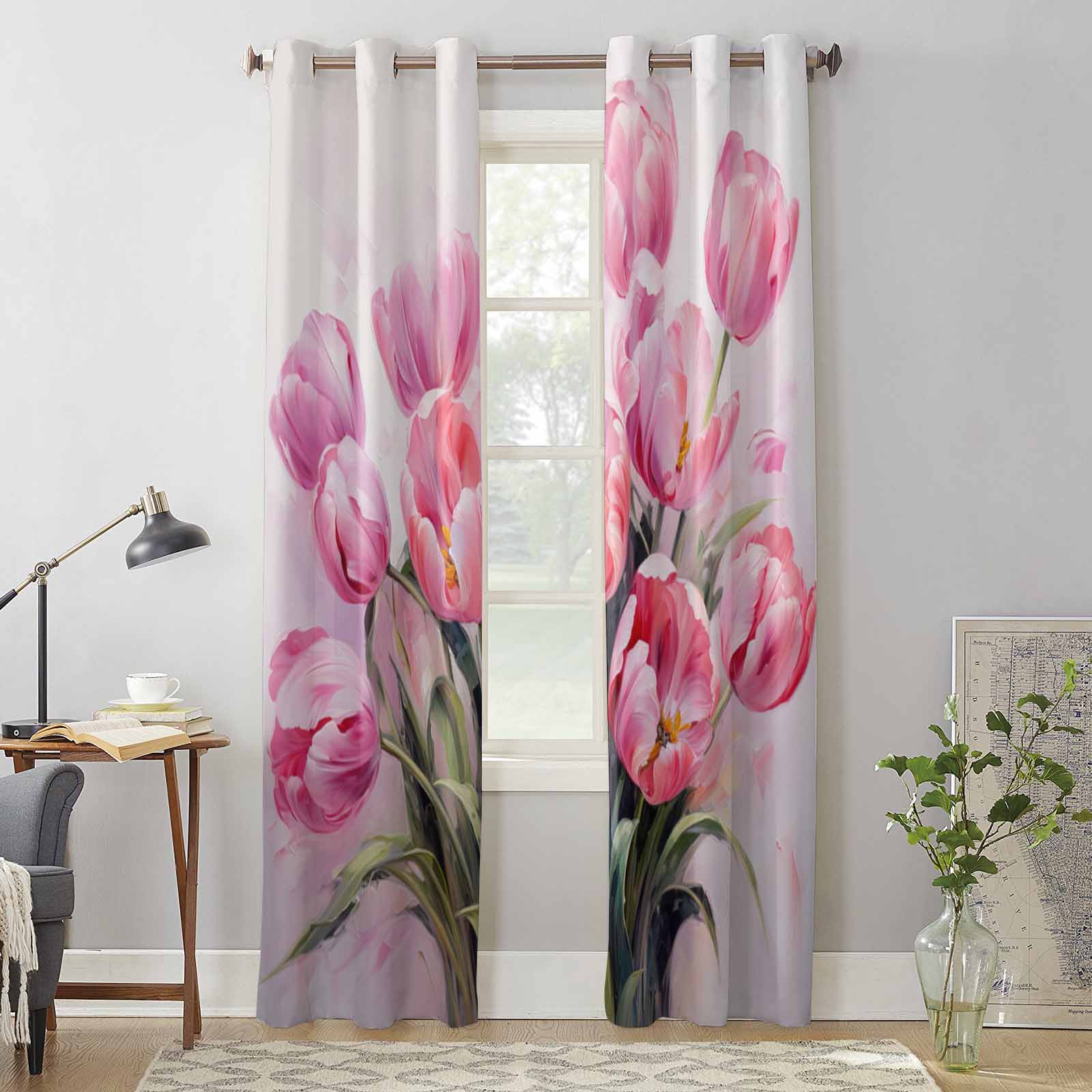 Pink Tulips Oil Painting Abstract Window Curtains for Living Room Bedroom Curtain Modern Kitchen Blinds Drapes Curtains 135W x 160H(cm) x2