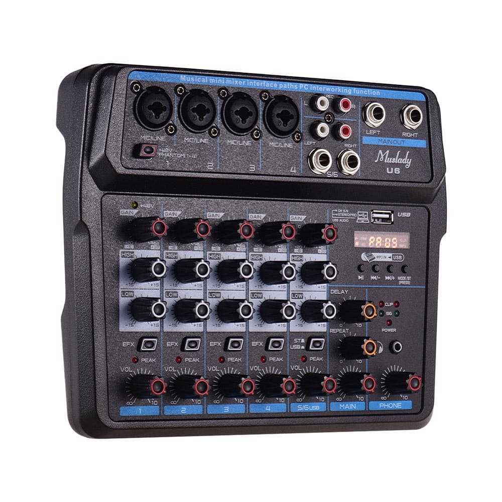 Muslady U6 Musical Mini Mixer 6 Channels Audio Mixers BT USB Mixing Console with Sound Card Built-in 48V Phantom Power EU Plug EU Plug black