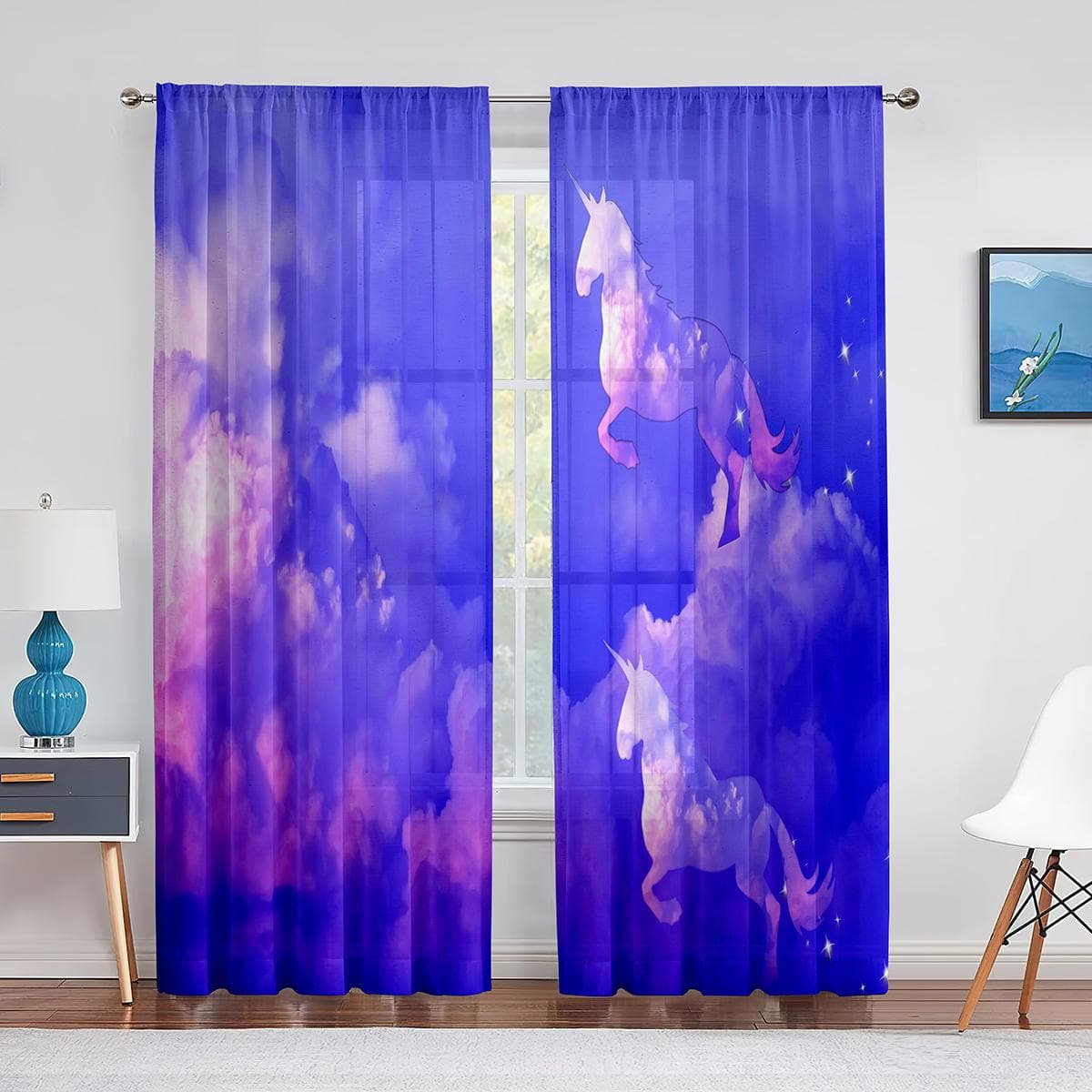 Fantasy Purple Cloud Unicorns Tulle Voile Curtains Bedroom Hotel Home Decor Sheer Curtains for Living Room Chiffon Printed Drape 1 PCS W100XH250cm&Grommet Top