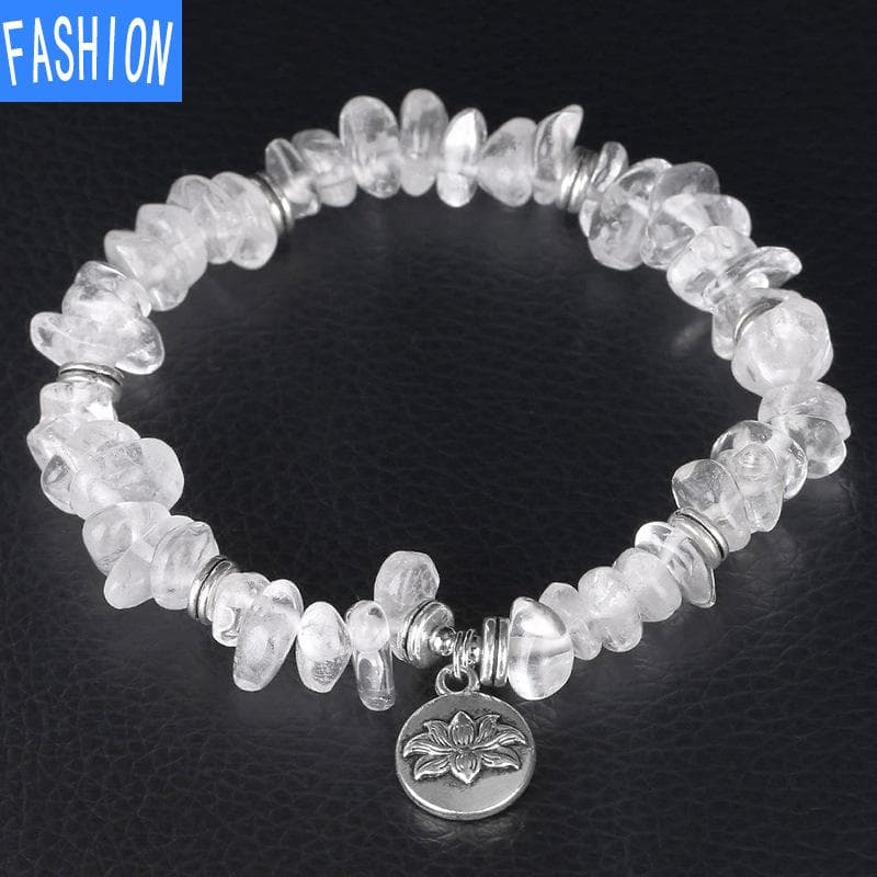 Natural Energy Aura White Crystal Bracelet Polished Crushed Quartz Ancient Silver Lotus Pendant Jewelry Style A