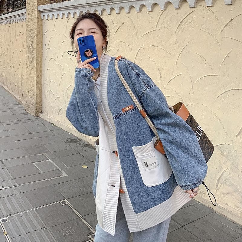 Women's Small Fragrance Contrast Color Denim Jacket Women's Spring Korean Style Loose Knitted Cardigan Jacket for Small People XL