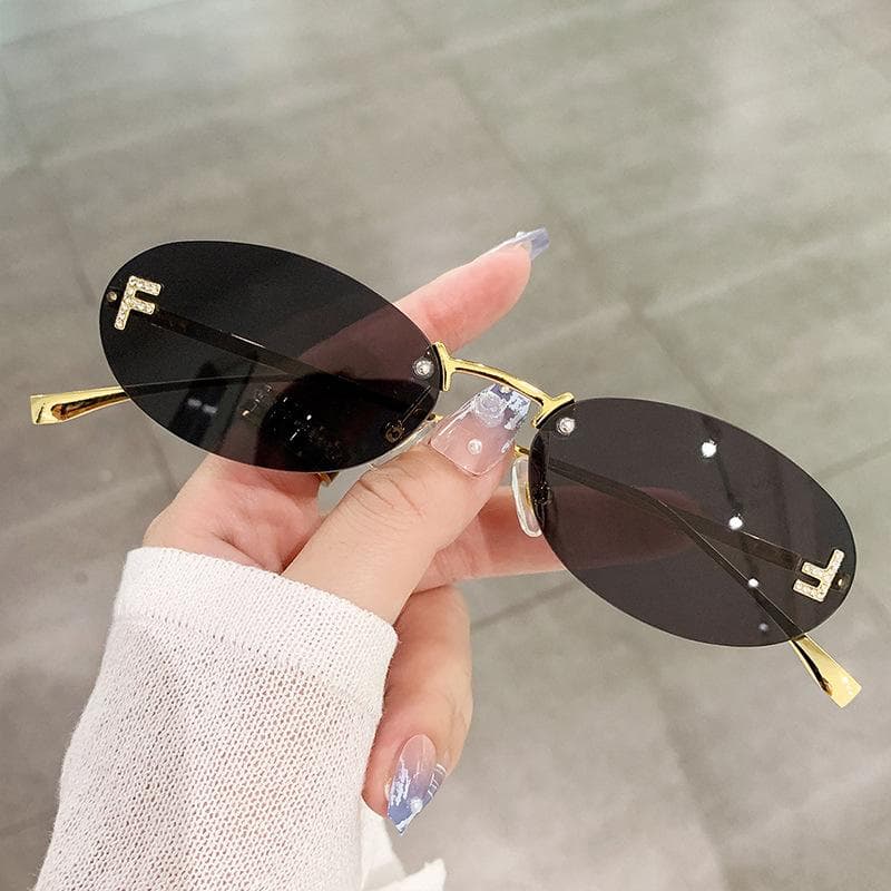 Fashion Rimless Sunglasses Women UV400 Oval Elegant Diamond F Sun Glasses Retro Eyewear for Women