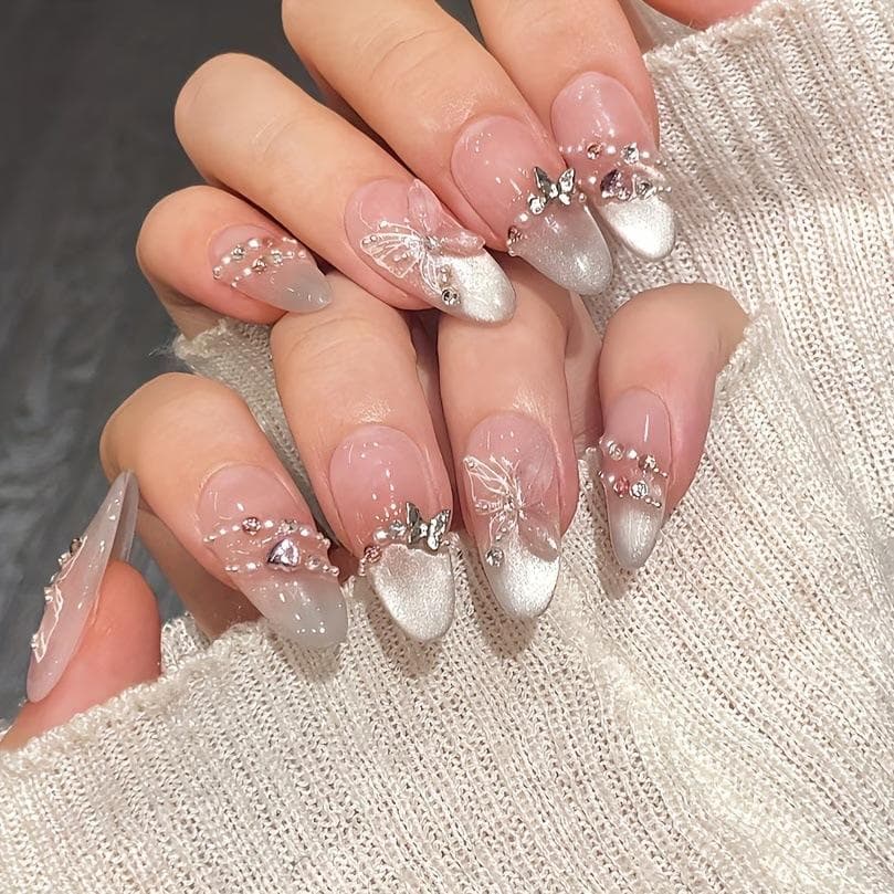 10pcs/set Pink Cat Eye French 3D Butterfly Crushed Diamond Acrylic Press On Nails, Sweet Almond Full Cover Fake Nails Home DIY Nail Art Supplies L