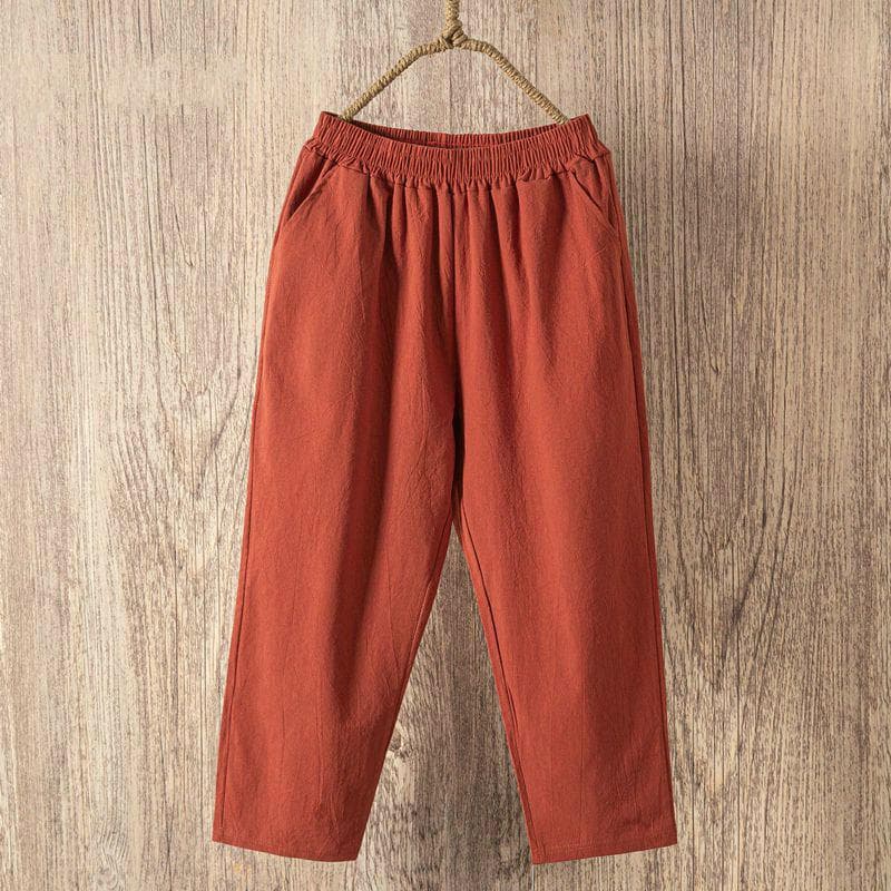 Women Summer Casual Loose Harem Pants Elastic Waist Cotton Linen Pants Ninth Trousers M coffee