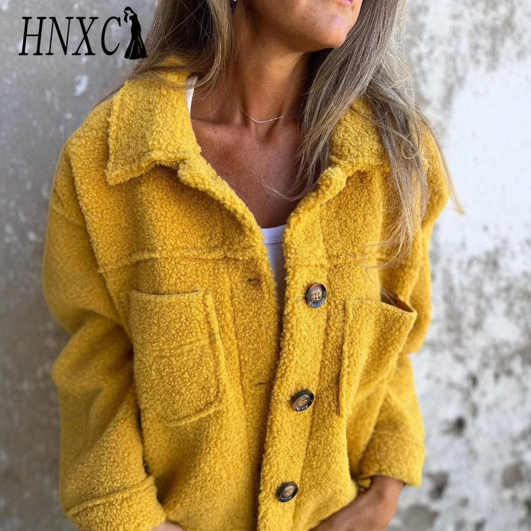 HNXC Women's Vintage Casual lattice Print Autumn Winter Long Sleeve POLO Neck Jackets & Coats XXXL yellow