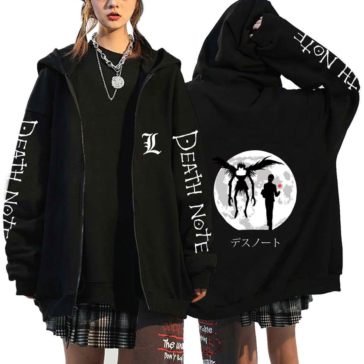 Death Note Harajuku Anime Zipper Coats Hoodies Mens Jackets Casual Loose Hooded Zip Up Manga L Lawliet Print Tops Sweatshirt Unisex Couple Streetwear L