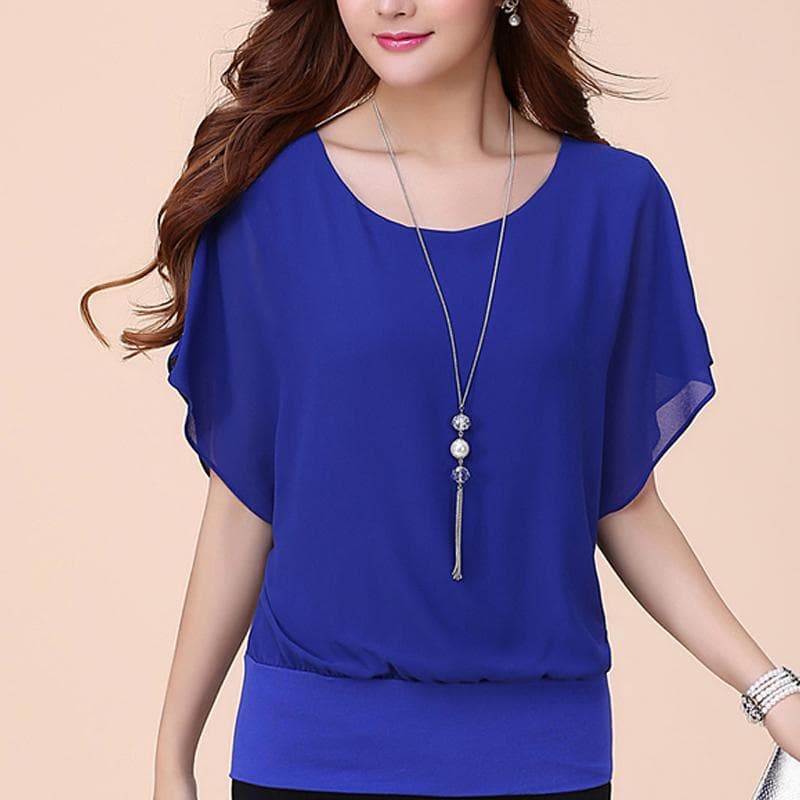 Casual Women Chiffon Blouse Female Solid Short Sleeve Ruffle Batwing Short Shirt Summer Beach Plus Size S dark blue