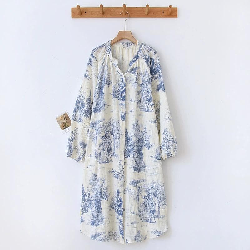 Pure Cotton Nightgown Korean Pajamas Dress Sleepwear Women's Lingerie Home Wear Spring Long Sleeve Negligee Nightwear L blue