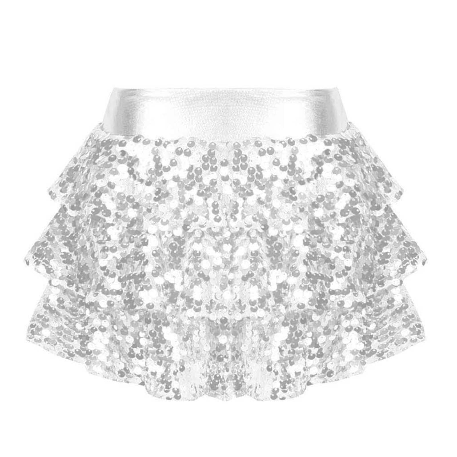 Kids Girls Sequin Metallic Skirted Shorts Jazz Latin Dance Outfits Performance Costume Dancewear 5-6 Years silver