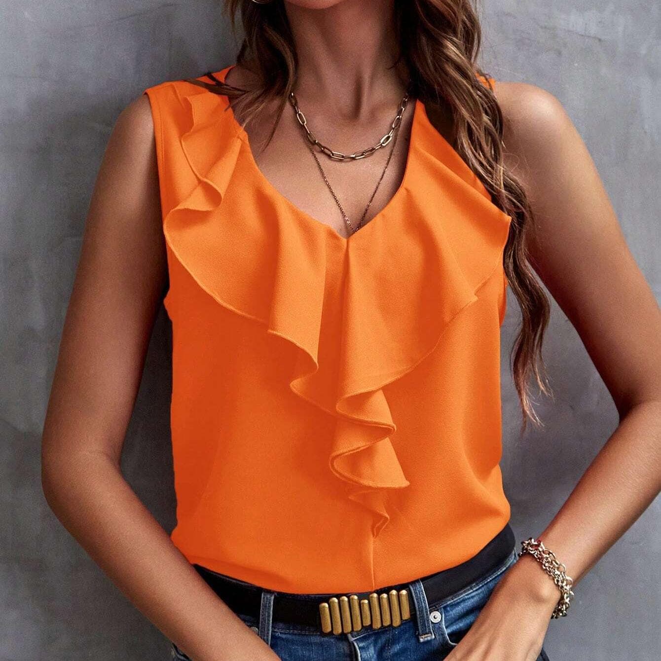YYFS Women's Fashion Casual Summer Spring Solid Color Print Sleeveless V-Neck Blouses & Shirts M orange