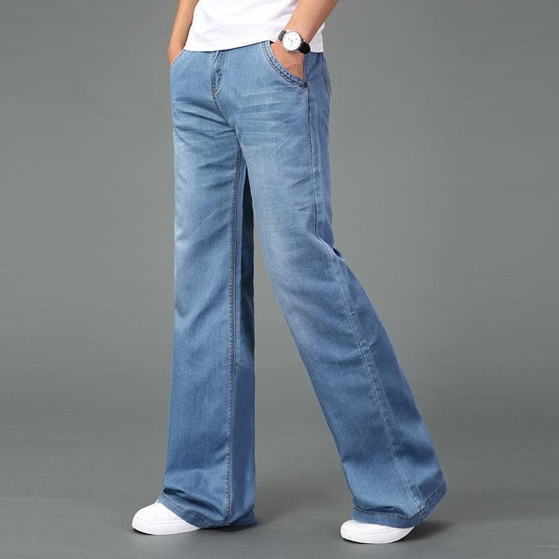 Men's Mid Waist Flared Jeans Boot Cut Leg Flared Loose Fit High Waist Male Designer Classic Denim Jeans 33 blue