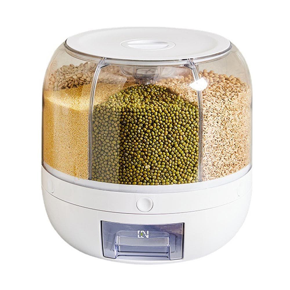 360 degrees Rotating Grain Dispenser 6-Grid Rice Beans Dry Food Storage Box Insect-proof Kitchen Food white