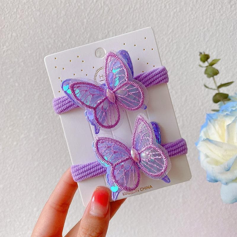 2PCS Cute Sequin Butterfly Girls Tie Up A Ponytail Kids Elastic Hair Bands Hair Accessories Children Hair Ties Baby Headwear purple