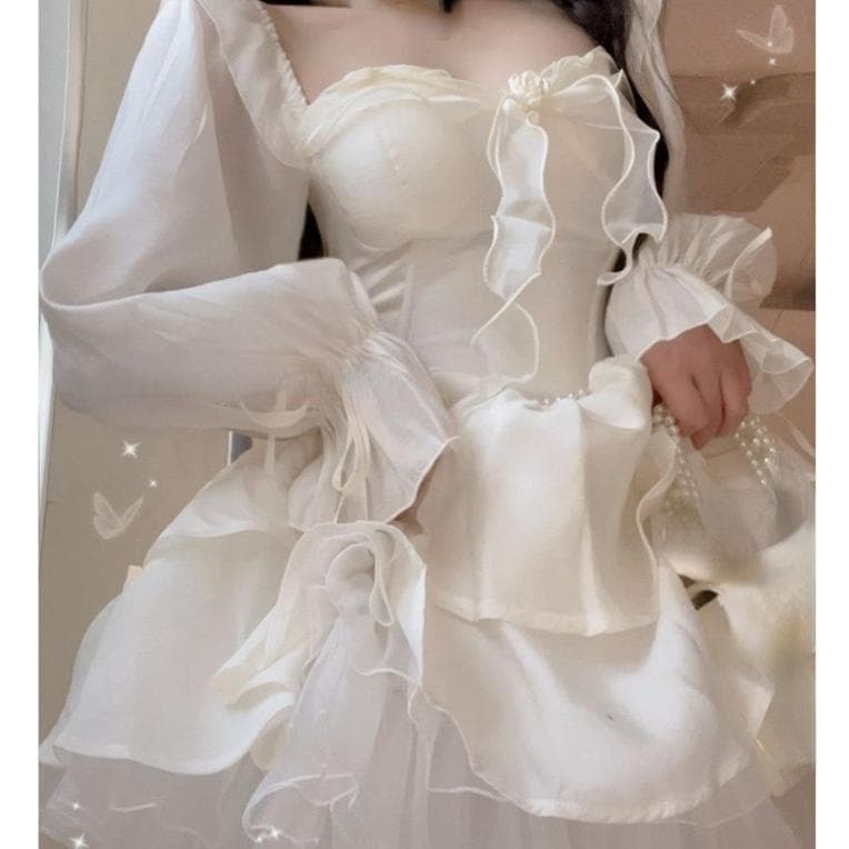 Winter Solid Fairy Kawaii Dress Women Long Sleeve Designer Lolita Mini Dress Female Casual Korean Fashion One Piece Dress 2023 M beige