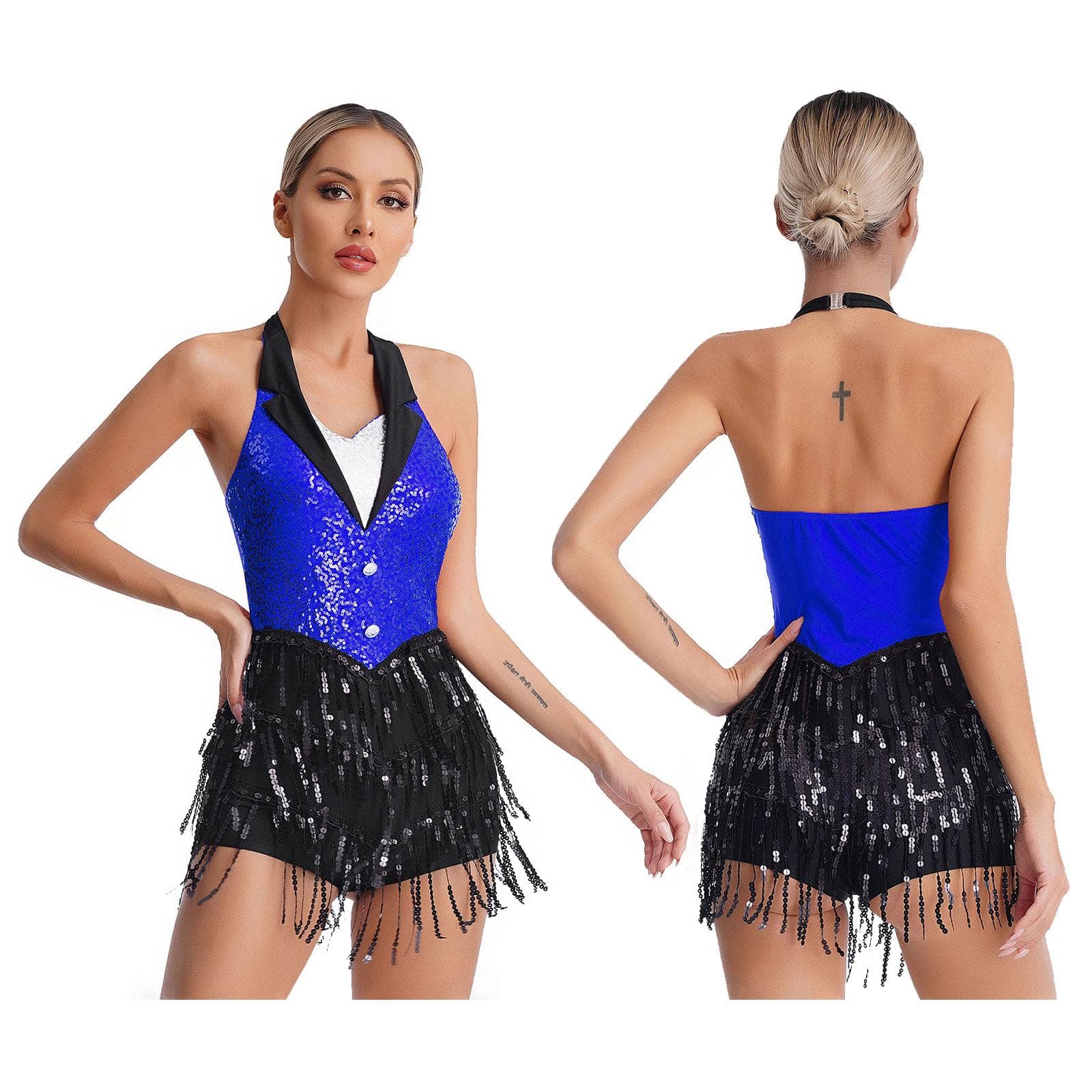 Women Tassel Salsa Latin Dance Dress Sequin Fringe Flapper Leotard Dress Ballroom Dancing Costume XXL blue